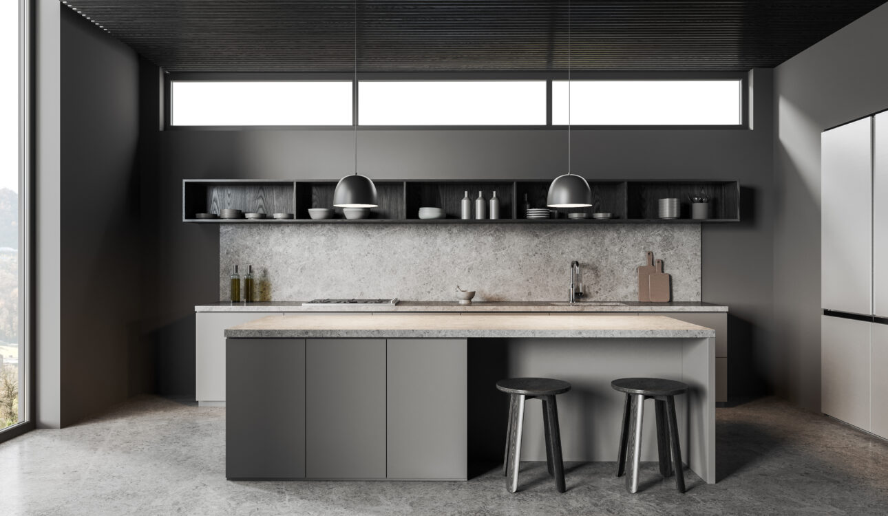Kitchen design in grey with a bar counter photo